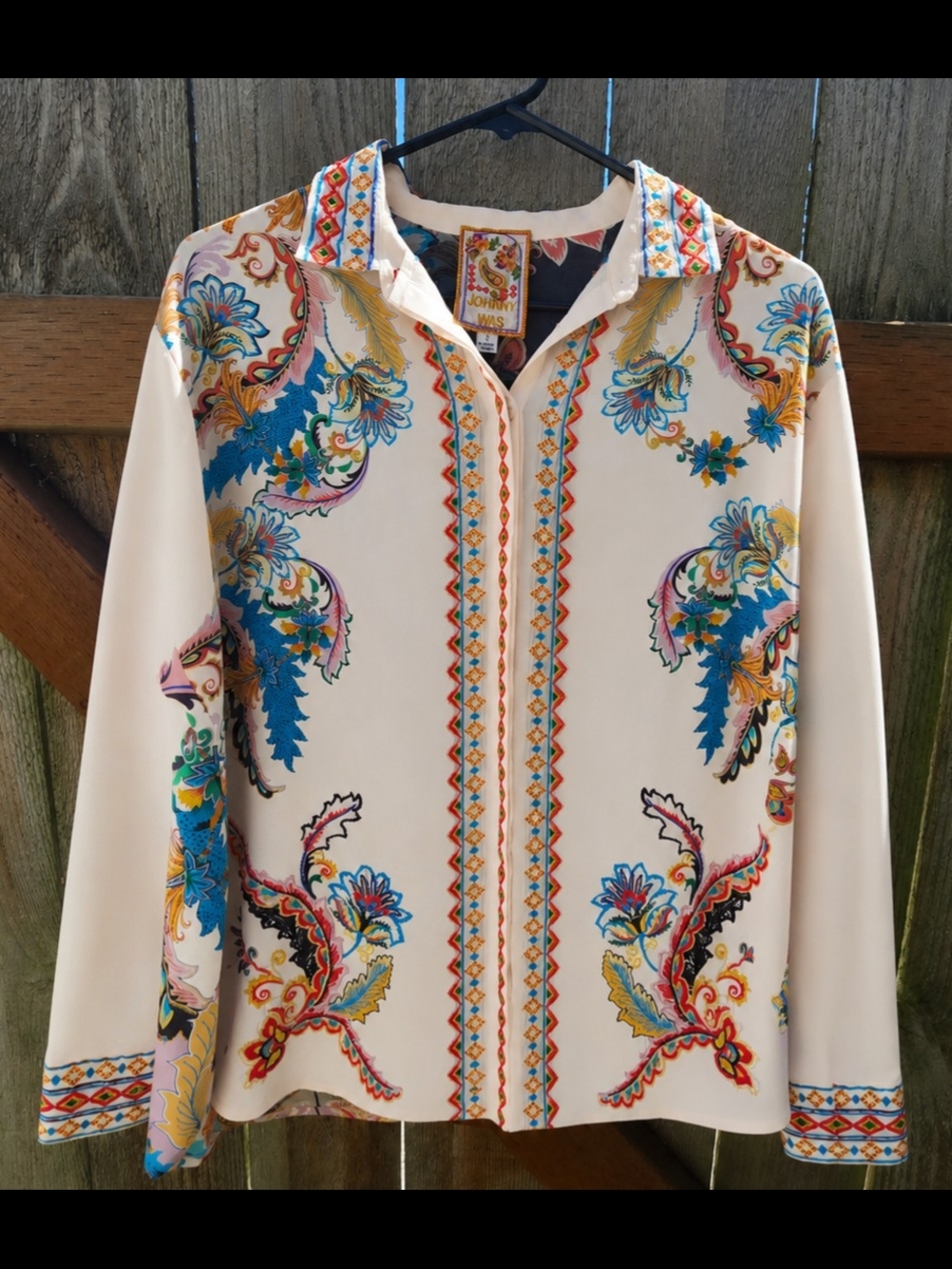 Johnny Was 100% Silk Embroidered Paisley Button Front Blouse Size Small
